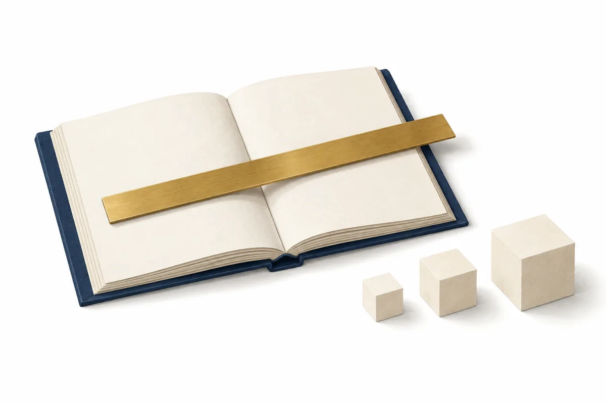 Illustration: an open navy ledger with a brass ruler across it, beside three ivory cubes in order of size