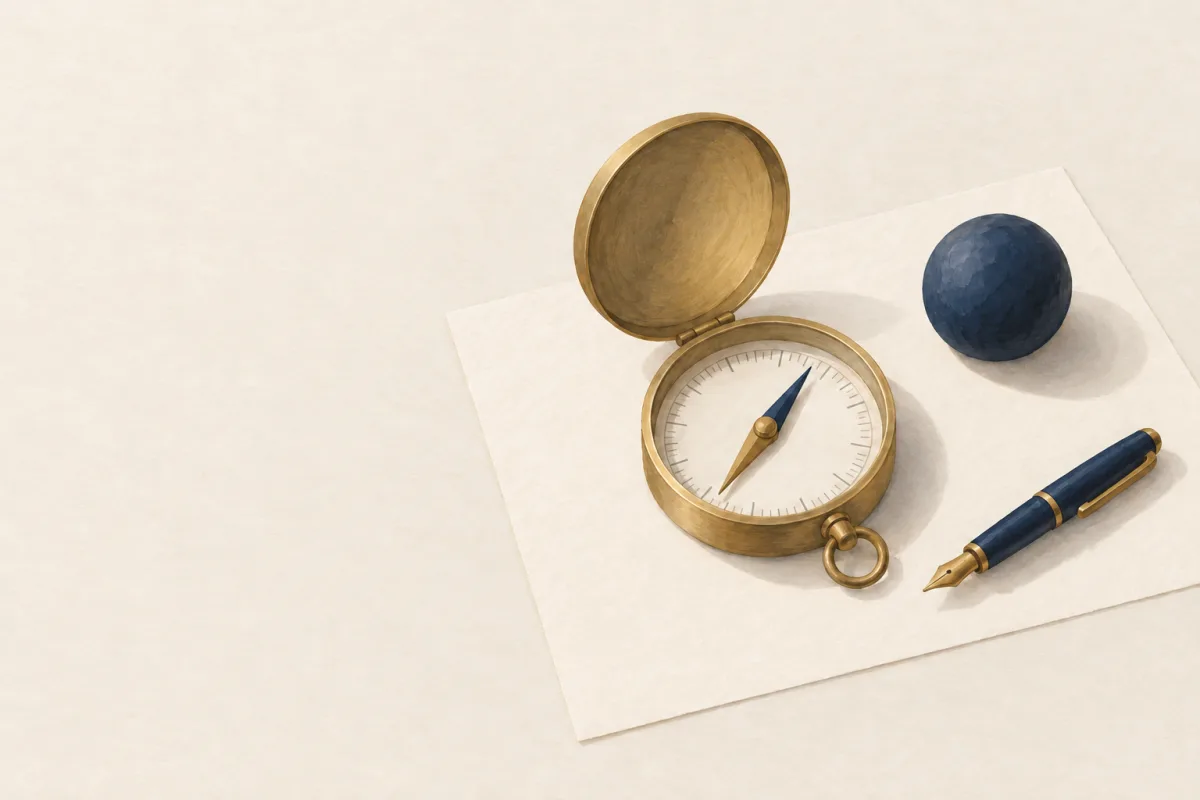 Illustration: an open brass compass on ivory paper beside a navy fountain pen and a navy paperweight